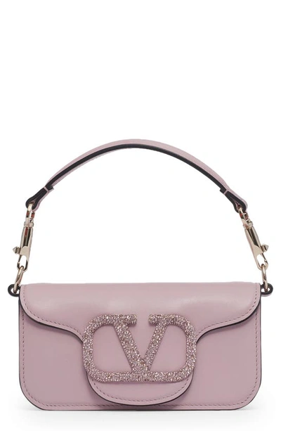 Valentino Garavani Small Locò Crystal Logo Leather Shoulder Bag In Water Lilac/ Light Amethyst