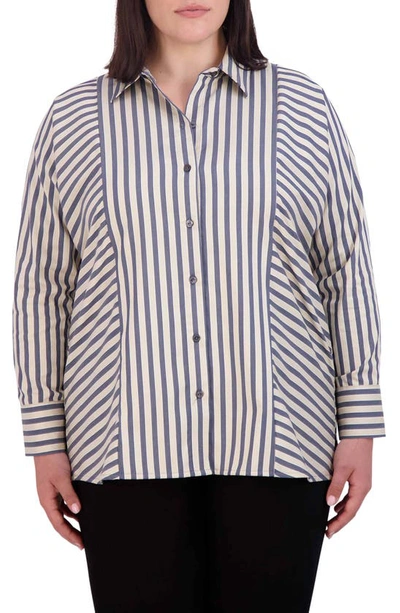 Foxcroft Jackie Directional Stripe Cotton Blend Button-up Shirt In Navy/ Neutral