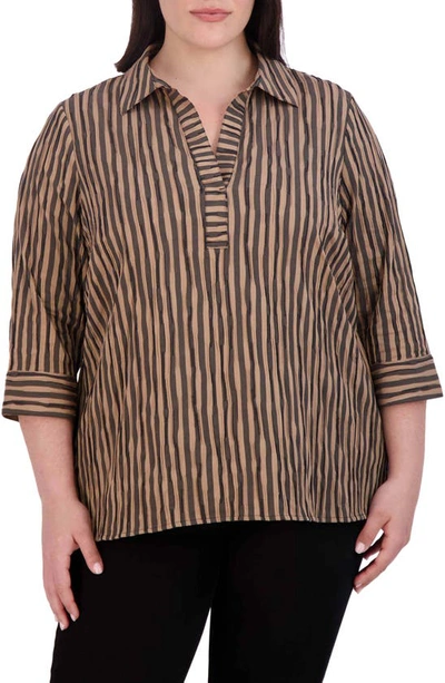 Foxcroft Sophie Crinkled Stripe Cotton Blend Button-up Shirt In Almond/ Black