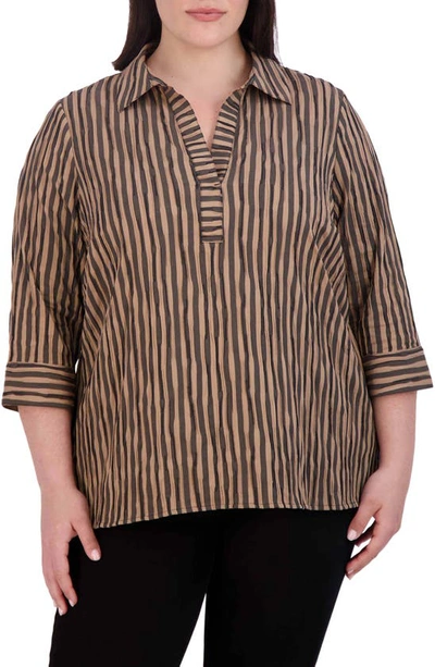 Foxcroft Sophie Crinkled Stripe Cotton Blend Button-up Shirt In Brown