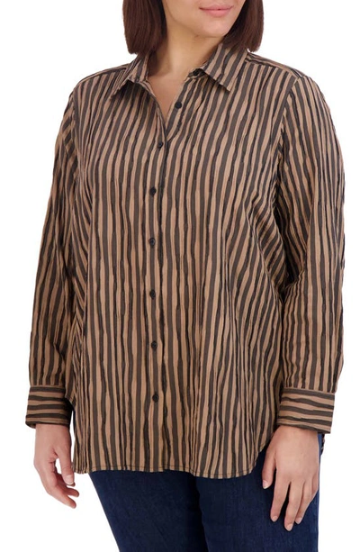 Foxcroft Stripe Crinkle Cotton Blend Button-up Shirt In Almond/ Black