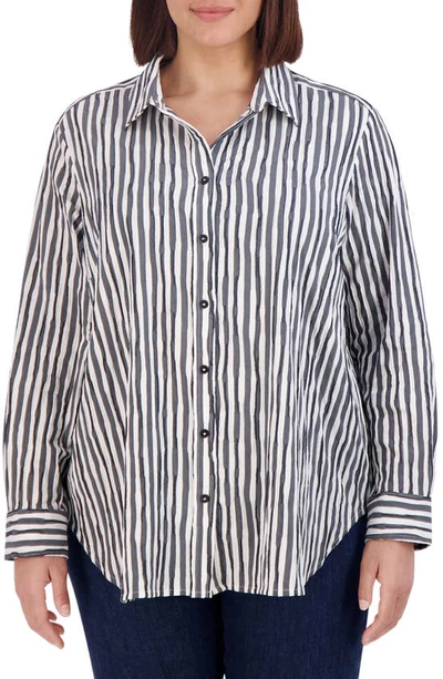 Foxcroft Stripe Crinkle Cotton Blend Button-up Shirt In Black