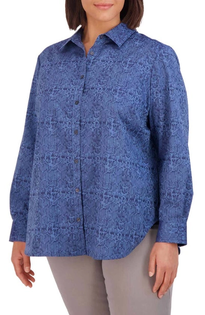 Foxcroft Croc Jacquard Cotton Blend Button-up Shirt In Denim Blue