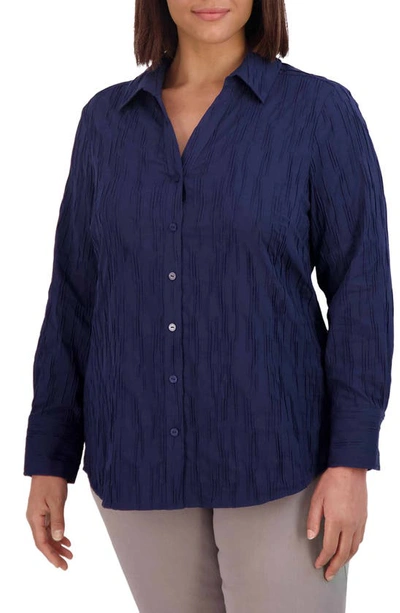 Foxcroft Mary Crinkle Texture Cotton Blend Shirt In Navy