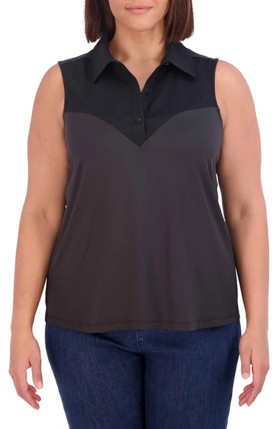 Foxcroft Mixed Media Sleeveless Button-up Shirt In Black