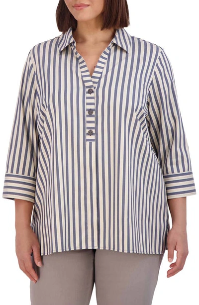 Foxcroft Andie Stripe Cotton Blend Tunic Top In Navy/ Neutral
