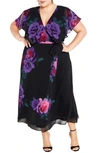 City Chic Rose Print Faux Wrap Dress In Black Bright Bloom