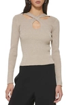 Dkny Women's Long Sleeve Rib Lurex Cut Out Sweater In Pebble Heather