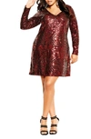 City Chic Bright Lights Sequin Long Sleeve Dress In Ruby