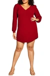 City Chic Quiero Long Sleeve Shift Dress In True Red