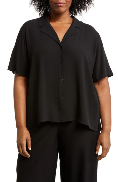 Eileen Fisher Short-sleeve Boxy Lightweight Linen Shirt In Black
