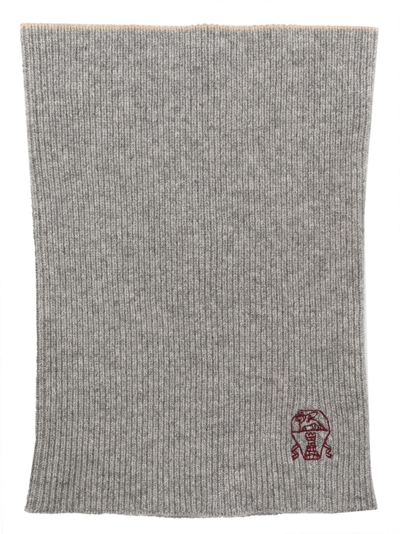 Brunello Cucinelli Logo-embroidered Cashmere Scarf In Grey