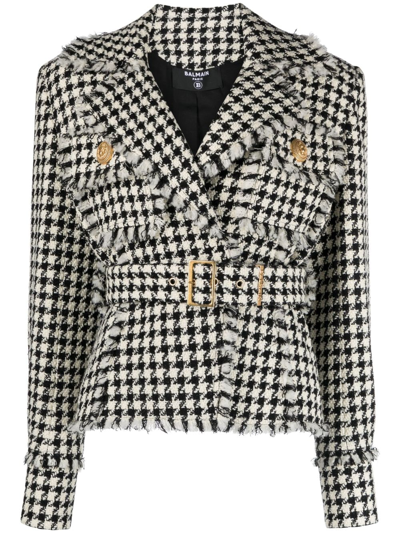 Balmain Houndstooth Tweed Belted Jacket In Neutrals