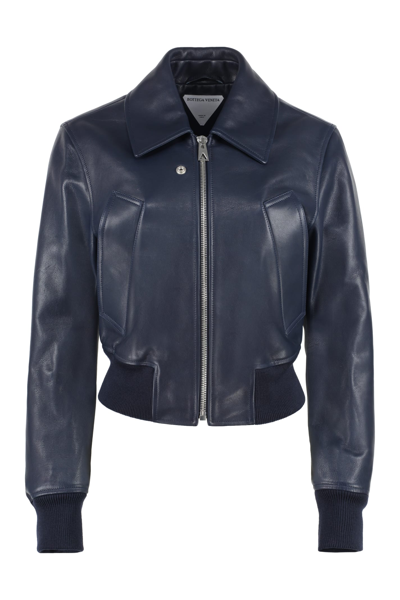 Bottega Veneta Leather Bomber Jacket In Blue