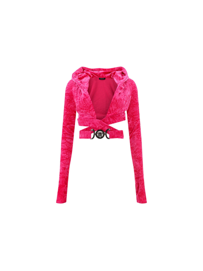 Versace Medusa Biggie Fuchsia Crop Hoodie Top With Criss-cross Belt In Crushed Velvet Woman In Pink