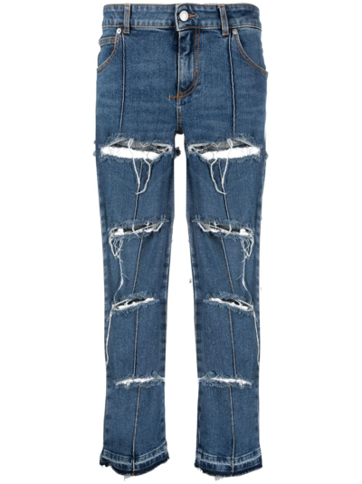 Alexander Mcqueen Distressed Cropped Jeans In Blue