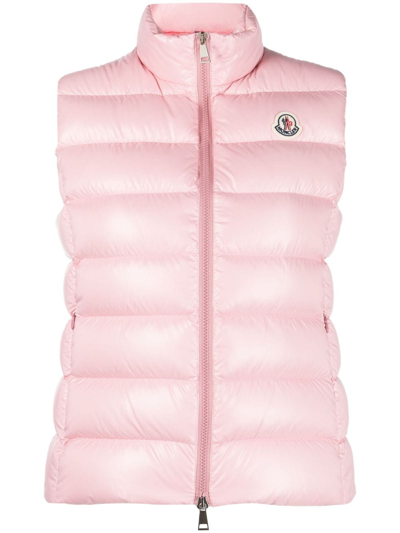 Moncler Padded Hooded Gilet With Zip Front And Zipper Pockets In Pink