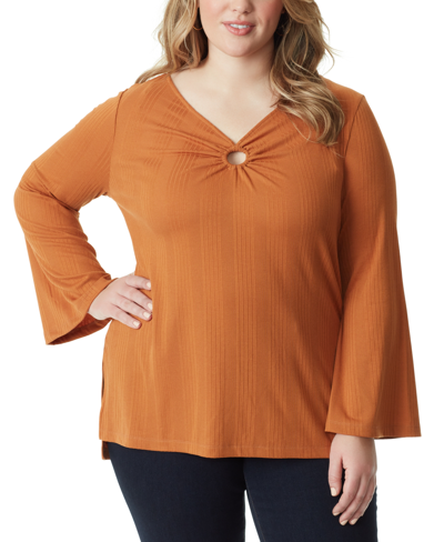 Jessica Simpson Plus Size Jasleen Keyhole Bell-sleeve Ribbed Tunic Top In Glazed Ginger