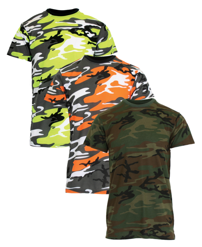 Galaxy By Harvic Men's Camo Printed Short Sleeve Crew Neck T-shirt, Pack Of 3 In Neon Green Camo-orange Camo-woodland Cam