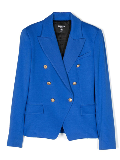 Balmain Kids' Embossed-button Double-breasted Blazer In Blue