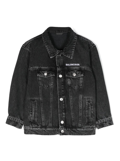 Balenciaga Kids' Logo-embroidered Denim Jacket In Black