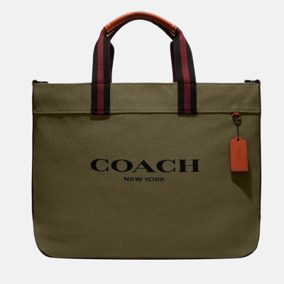 Pre-owned Coach Olive Green Canvas And Leather Tote Bag