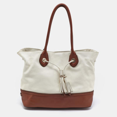 Pre-owned Cole Haan White/brown Leather Reiley Tassel Tote