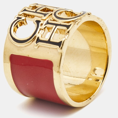 Pre-owned Carolina Herrera Ch Enamel Gold Tone Ring Size 54