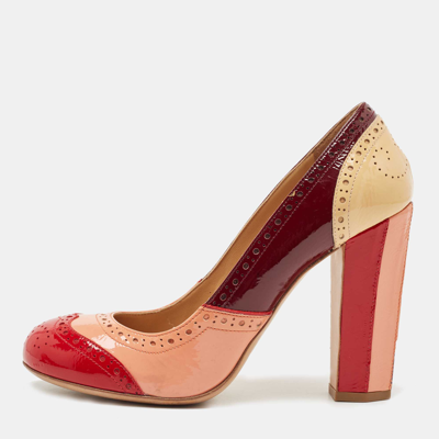 Pre-owned Miu Miu Multicolor Brogue Patent Leather Round Toe Pumps Size 38.5 In Red