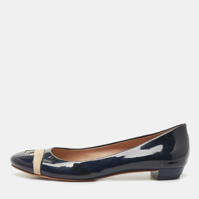Pre-owned Tory Burch Navy Blue Patent Leather Gabrielle Ballet Flats Size 37.5