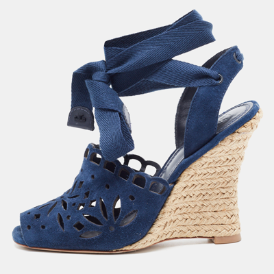 Pre-owned Tory Burch Navy Blue Laser Cut Suede Ankle Tie Wedge Sandals Size 36.5