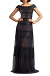 Tadashi Shoji Off-shoulder Sequin Lace A-line Gown In Navy Beige