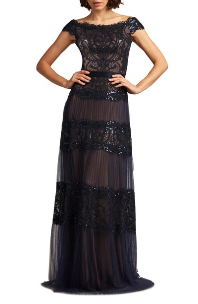 Tadashi Shoji Off-shoulder Sequin Lace A-line Gown In Blue
