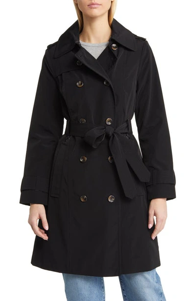 London Fog Women's Hooded Double-breasted Trench Coat In Black