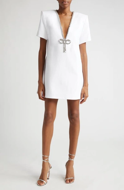 AREA AREA CRYSTAL BOW V-NECK PONTE KNIT T-SHIRT MINIDRESS