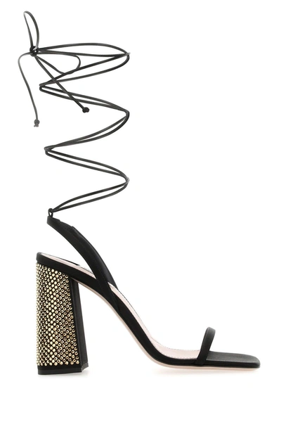 Miu Miu Woman Black Satin Sandals In Nero+oro