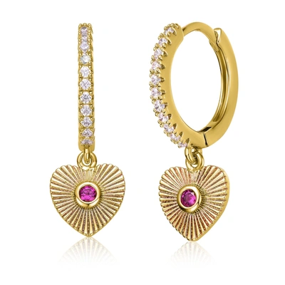 Rachel Glauber Rg 14k Yellow Gold Plated With Ruby Cubic Zirconia Sunray Heart Dangle Charm Hoop Earrings In Pink