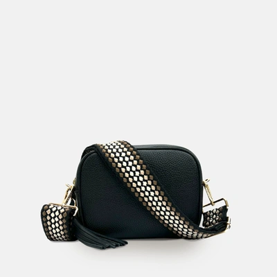 Apatchy London Black Leather Crossbody Bag With Cappuccino Dots Strap