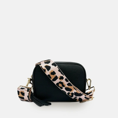 Apatchy London Black Leather Crossbody Bag With Pale Pink Leopard Strap