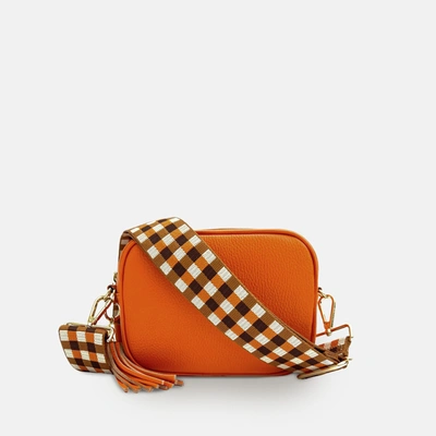 Apatchy London Orange Leather Crossbody Bag With Orange & Tan Checks Strap