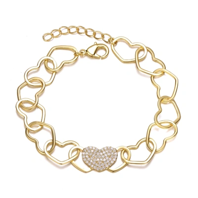 Rachel Glauber 14k Yellow Gold Plated With Cubic Zirconia Pave Heart Charm Link Chain Bracelet