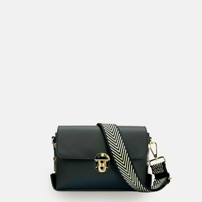 Apatchy London The Bloxsome Black Leather Crossbody Bag With Black & Gold Chevron Strap