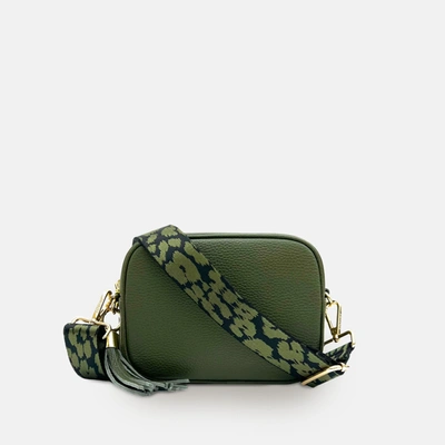 Apatchy London Olive Green Leather Crossbody Bag With Olive Green Cheetah Strap In Black