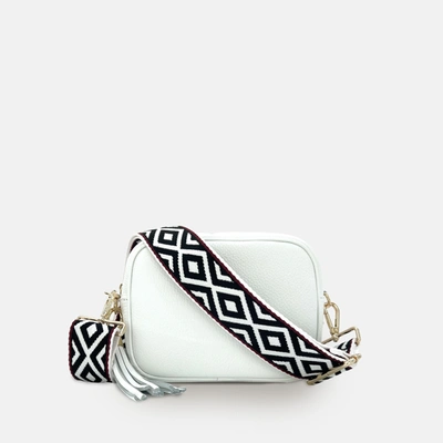 Apatchy London White Leather Crossbody Bag With Denim Blue Chevron Strap
