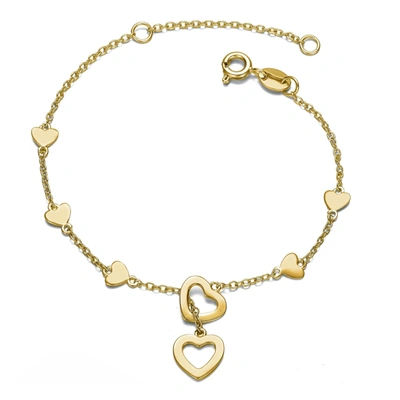 Rachel Glauber Rg Childern/teen 14k Gold Plated Double Halo Heart Dangle Charm Station Bracelet, Adjustable In Leng