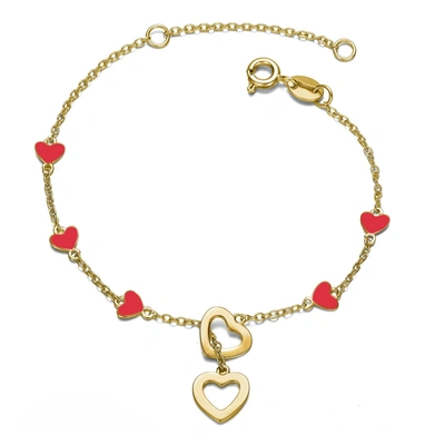 Rachel Glauber Rg Childern/teen 14k Gold Plated Double Halo Heart Dangle Charm Station Bracelet, Adjustable In Leng In Pink