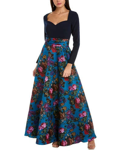 Theia Tabitha Long Sleeve Floral Print Gown In Blue