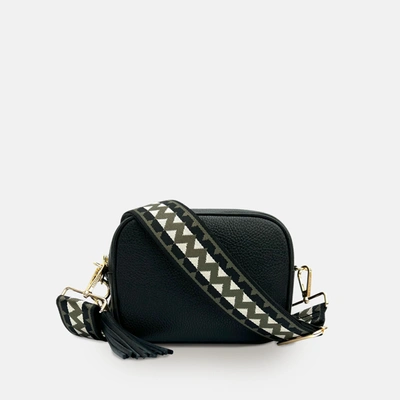 Apatchy London Black Leather Crossbody Bag With Olive & Black Zigzag Strap