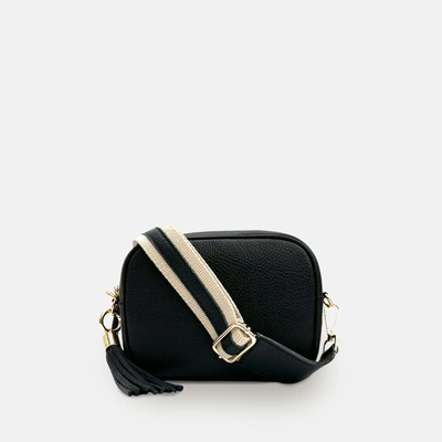 Apatchy London Black Leather Crossbody Bag With Leather & Canvas Strap