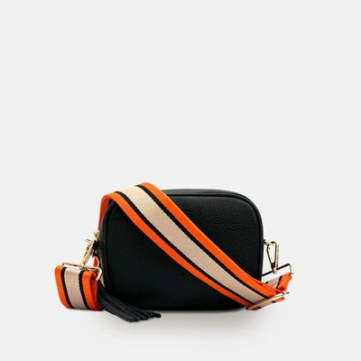 Apatchy London Black Leather Crossbody Bag With Orange, Tan & Black Stripe Strap